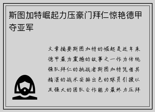 斯图加特崛起力压豪门拜仁惊艳德甲夺亚军